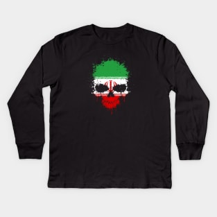 Chaotic Iranian Flag Splatter Skull Kids Long Sleeve T-Shirt